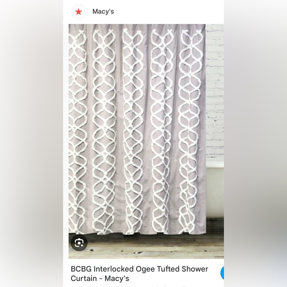 Shower curtain and liner from Macy’s. Gray & white/cream tufted. Shabby chic.